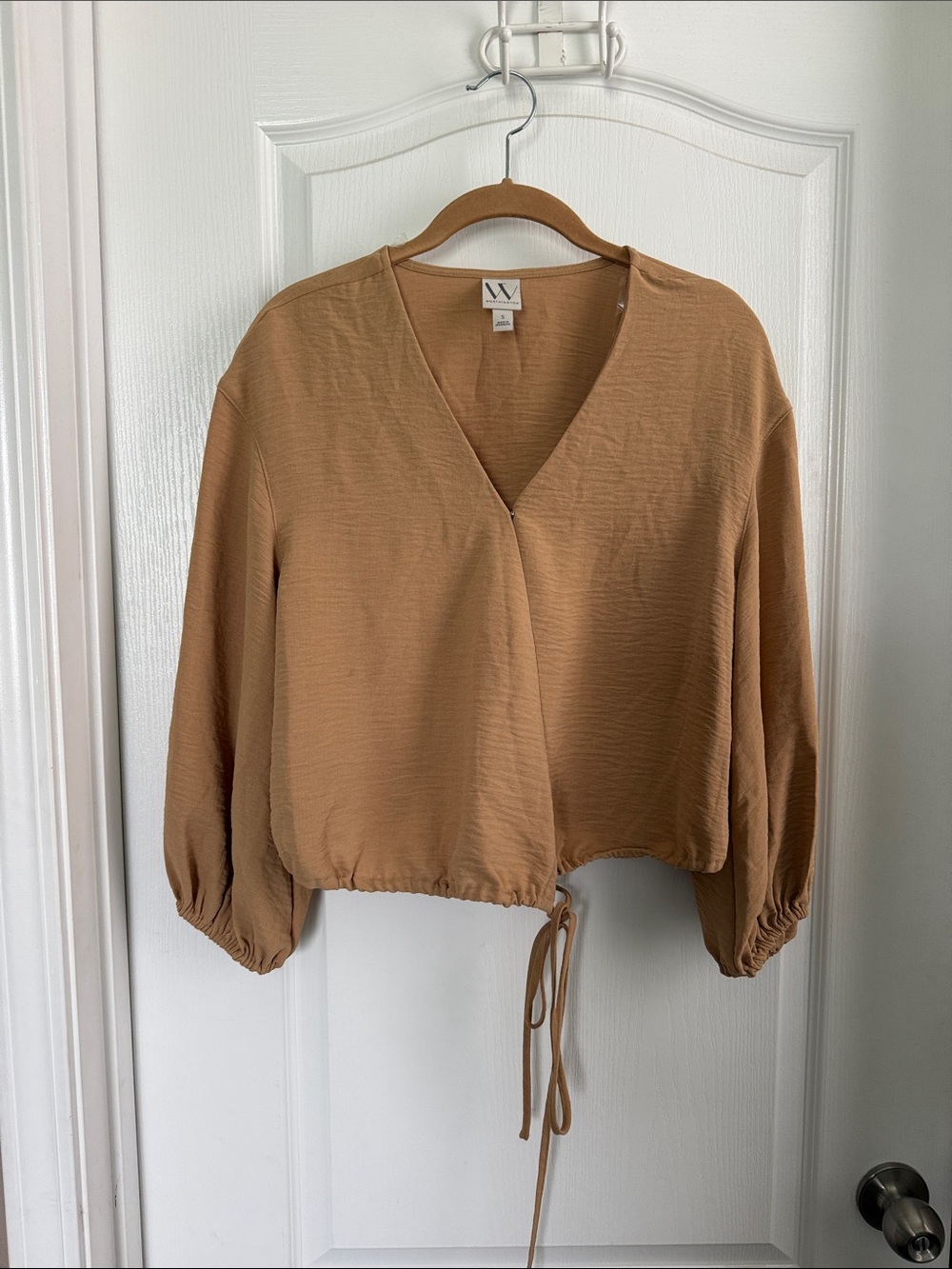 W by Worth Camel Drawstring V-Neck Balloon Sleeve Top